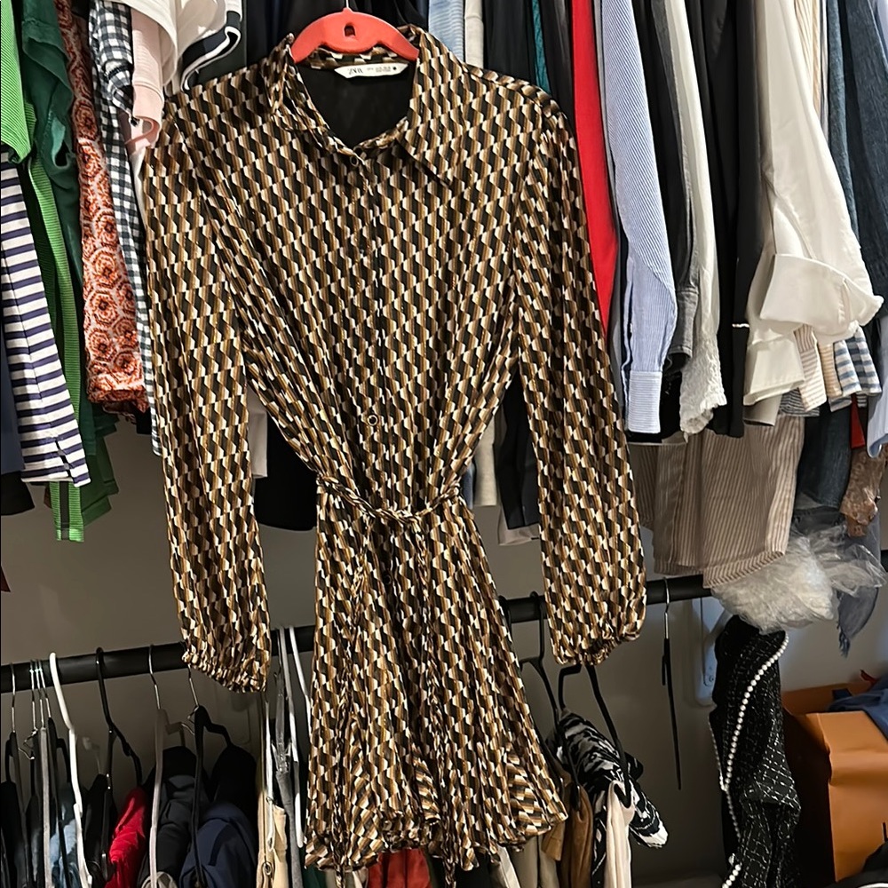 ZARA Stylish Geometric Print Dress BELTED BROWN BLACK GOLD lined.